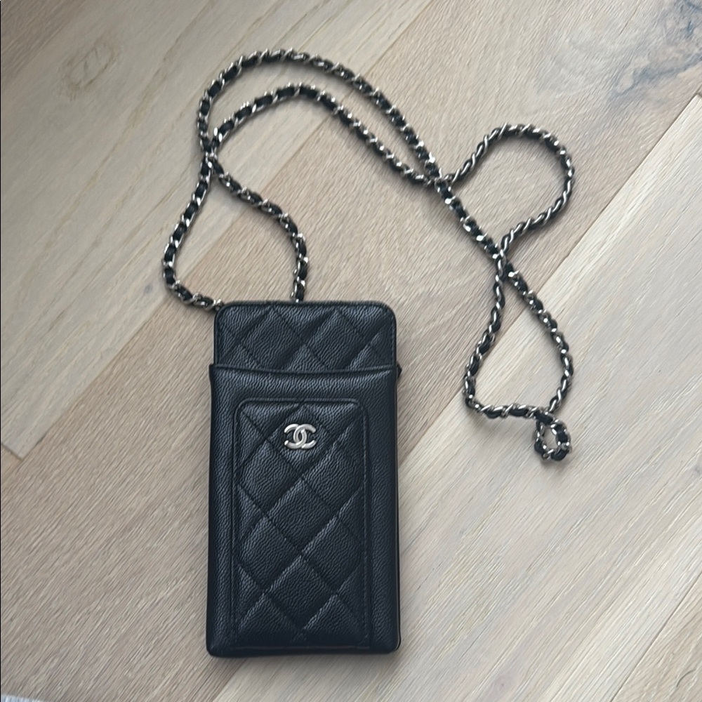 Chanel Black Quilted Phone Case with Chain
